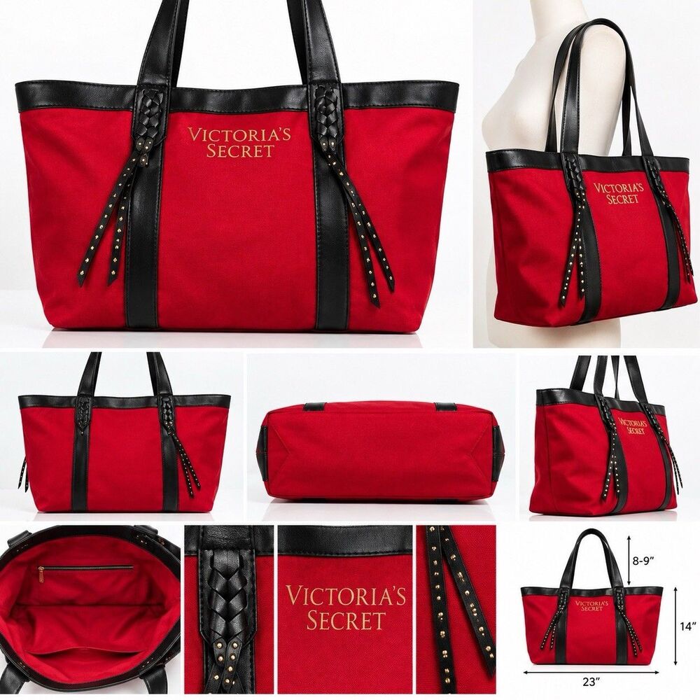 Victoria’s Secret Black Bag  Logo Large Weekender Tote Bag Studded Faux Leather